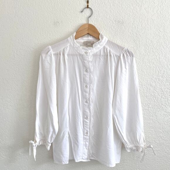LOFT White Eyelet Trim Button Down Blouse Tie Cuffs Cottagecore Large - Picture 1 of 7